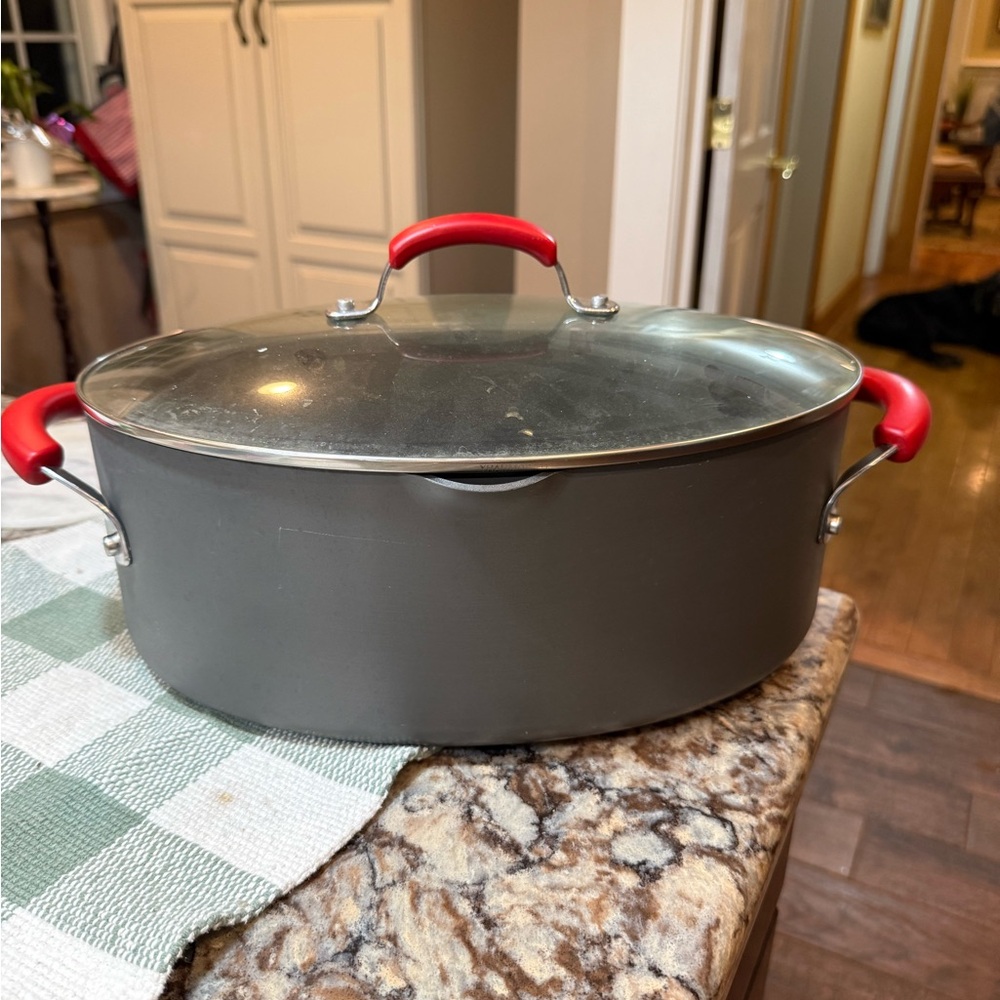 Rachael Ray Gray Pasta Pot with Red Silicone Handles and Glass Lid